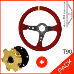 Pack volant RRS CORSA ROUGE tulipage 90mm 3 branches  + moyeu de volant escamotable